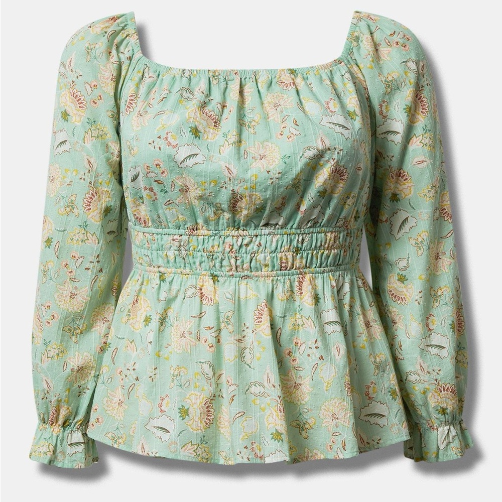 Cotton Clip Dot Blouson Sleeve Smocked Top | Swirl Jaco Hemlock | Size 2X